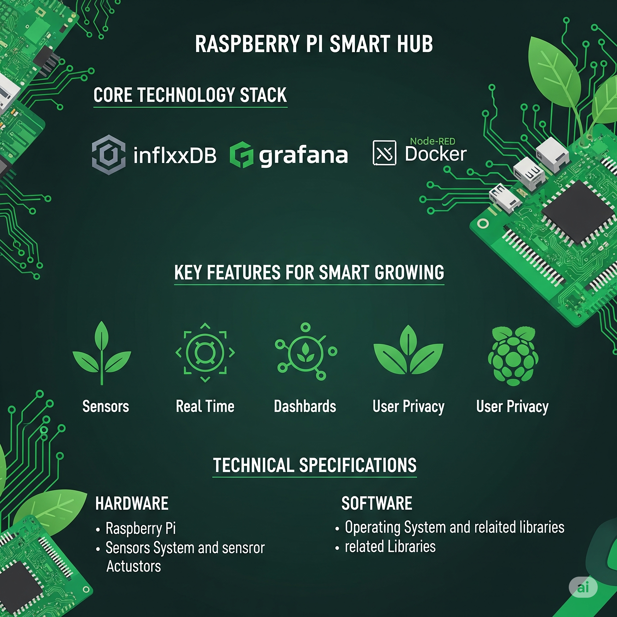 Infographic detailing the Raspberry Pi Smart Hub features and technology stack